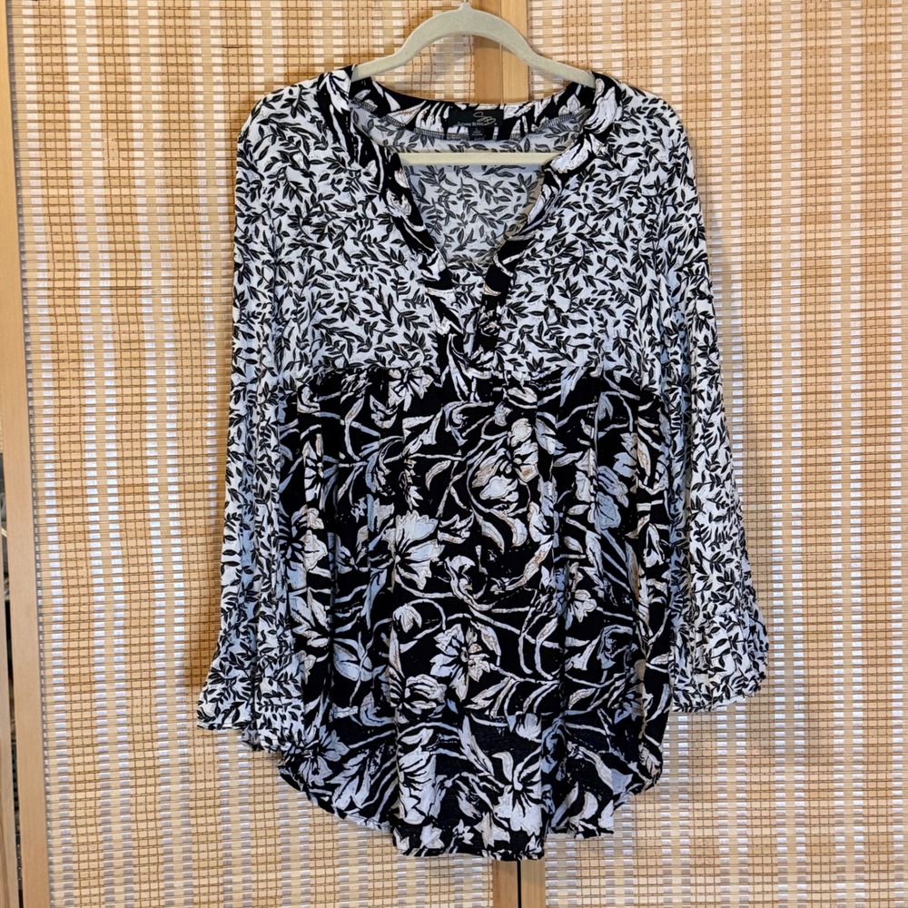 Suzanne Betro Womens Black White Floral Long Sleeve Tunic Blouse L Lagenlook